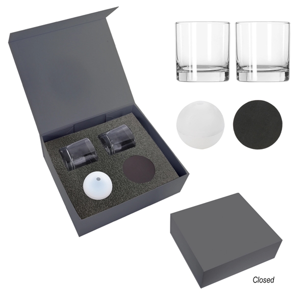 Whiskey kit featuring two glasses, ice cubes, and two bonded leather... from ASI 61125 Hit Promotional Products / Hit®
