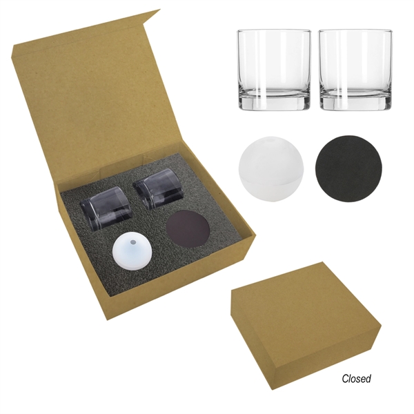 Whiskey kit featuring two glasses, ice cubes, and two bonded leather... from ASI 61125 Hit Promotional Products / Hit®