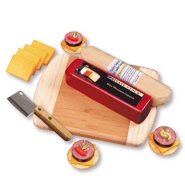 Cheese and sausage gift set on imprinted cutting board.... from ASI 68680 Maple Ridge Farms Inc