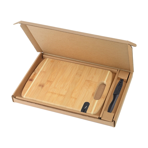 Two-tone bamboo cutting board with stainless steel paring knife gift box... from ASI 52840 Evans Manufacturing