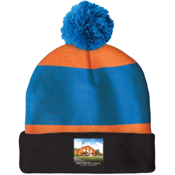 High quality, soft, and warm custom jacquard knit beanie with pom... from ASI 80228 Quinn