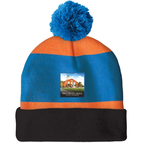 High quality, soft, and warm custom jacquard knit beanie with pom... from ASI 80228 Quinn