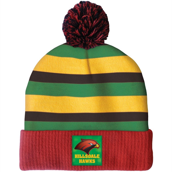 High quality, soft, and warm custom jacquard knit beanie with pom... from ASI 80228 Quinn