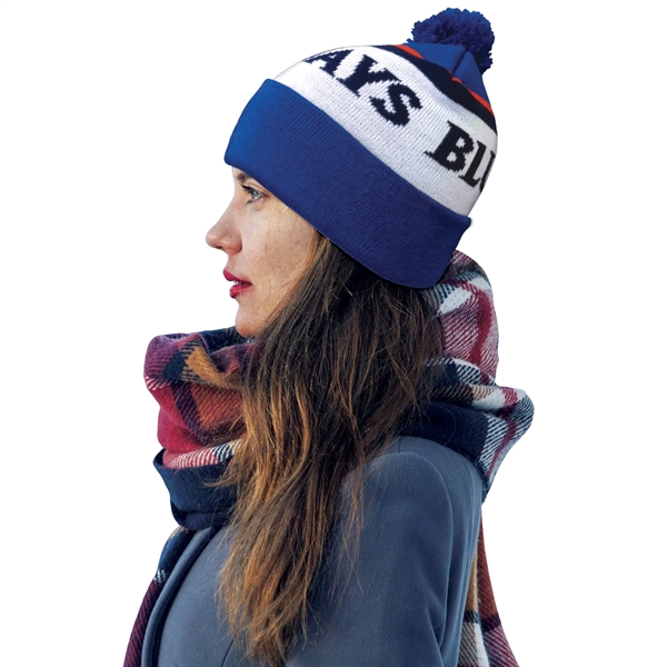 High quality, soft, and warm custom jacquard knit beanie with pom... from ASI 80228 Quinn
