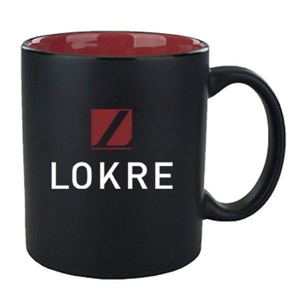 11 oz. ceramic mug with C-handle, matte black exterior and coral... from ASI 46573 Cooper & Clement Inc