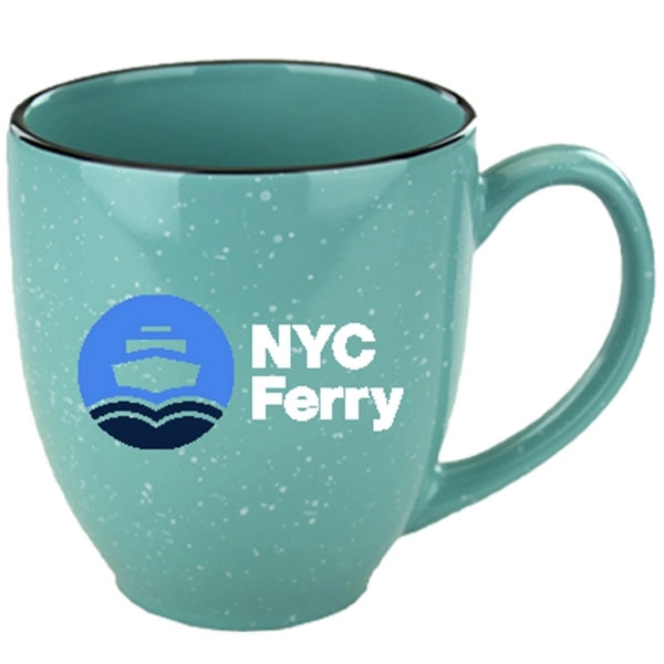 15 oz. aqua colored bistro mug with handle and customization.... from ASI 46573 Cooper & Clement Inc