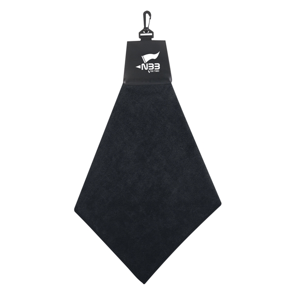 Triangle fold golf towel with leatherette header and plastic swivel hook... from ASI 61125 Hit Promotional Products / Hit®