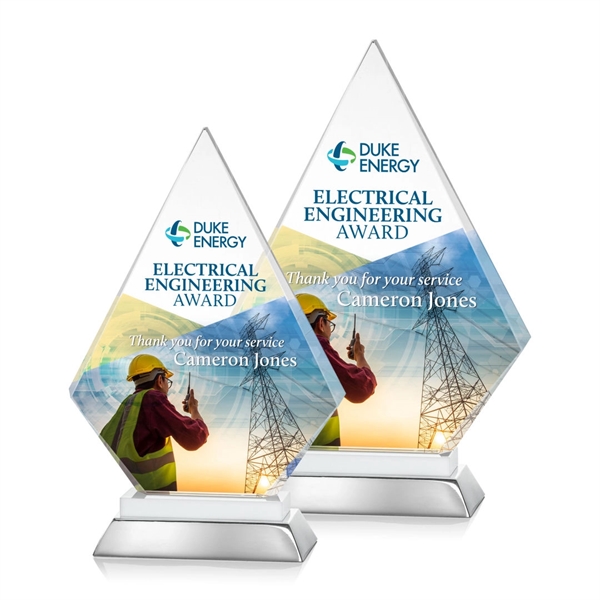 Unique arrow head shaped optical award with white optical and aluminum... from ASI 84592 St Regis Group / St Regis