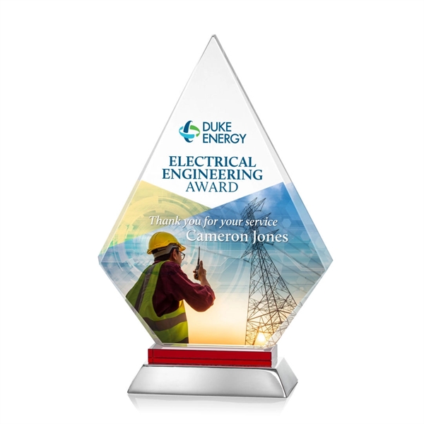 Unique arrow head shaped optical award with red optical and aluminum... from ASI 84592 St Regis Group / St Regis