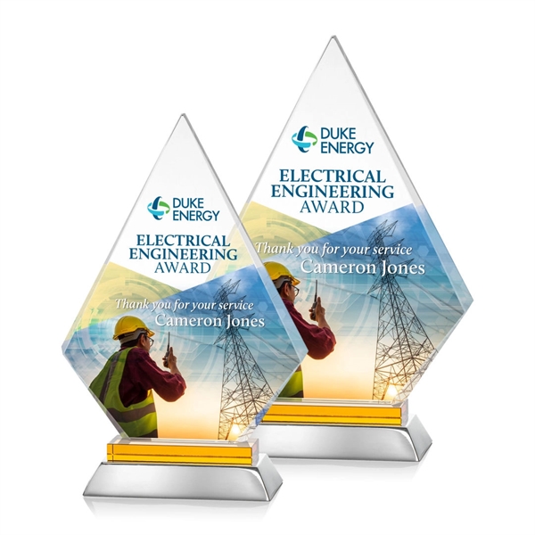 Unique arrow head shaped optical award with amber optical and aluminum... from ASI 84592 St Regis Group / St Regis