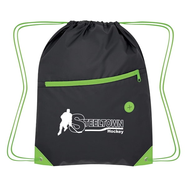 Drawstring bag with a large front zippered pocket and a built-in... from ASI 61125 Hit Promotional Products / Hit®