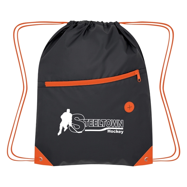 Drawstring bag with a large front zippered pocket and a built-in... from ASI 61125 Hit Promotional Products / Hit®