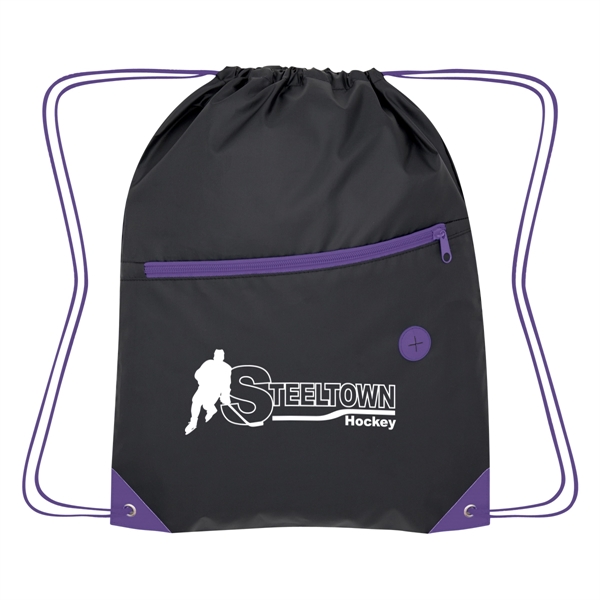Drawstring bag with a large front zippered pocket and a built-in... from ASI 61125 Hit Promotional Products / Hit®