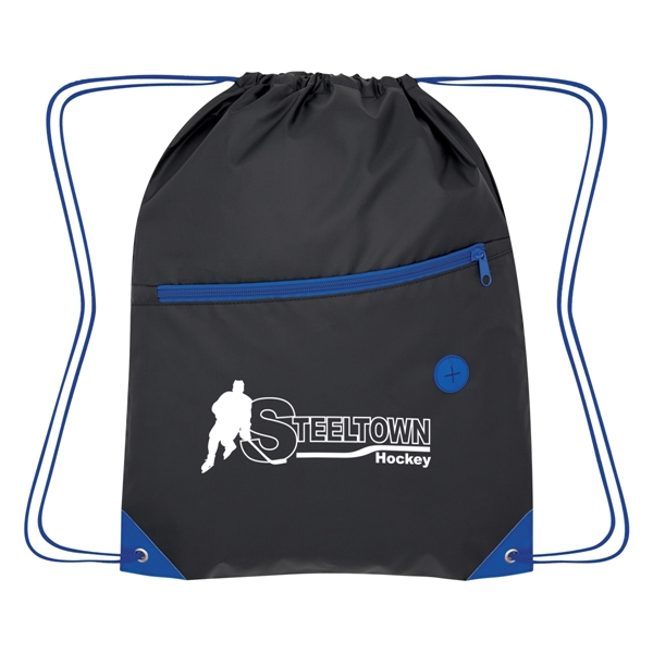 Drawstring bag with a large front zippered pocket and a built-in... from ASI 61125 Hit Promotional Products / Hit®