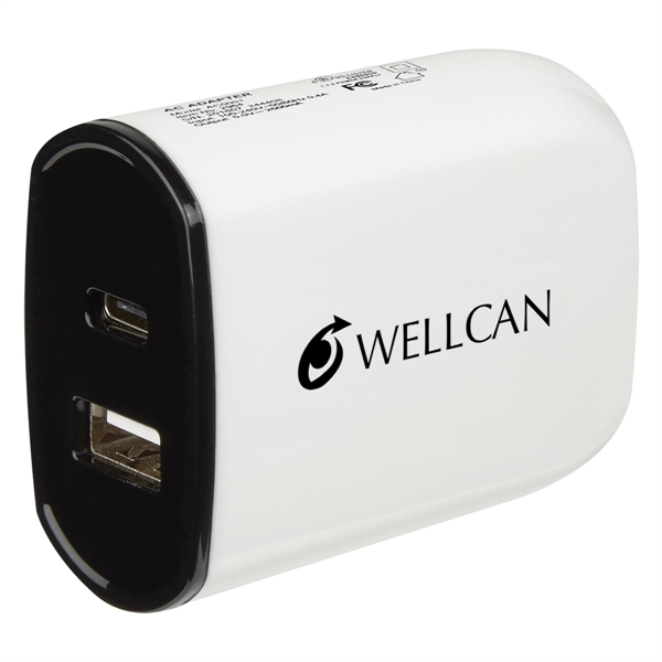 Wall adapter with folding prongs, a USB and Type-C output, and... from ASI 61125 Hit Promotional Products / Hit®