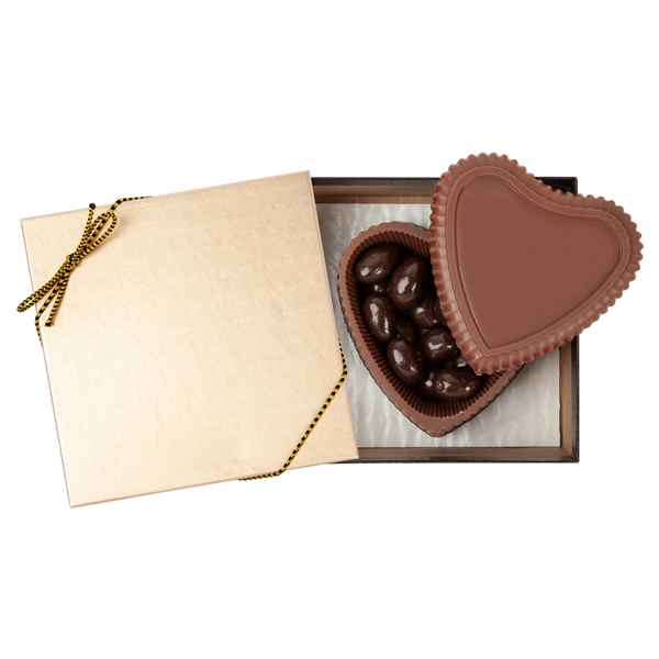 Chocolate heart shaped box filled with premium confections, 8 ounce.... from ASI 44900 NC Custom (CI/Lanco)