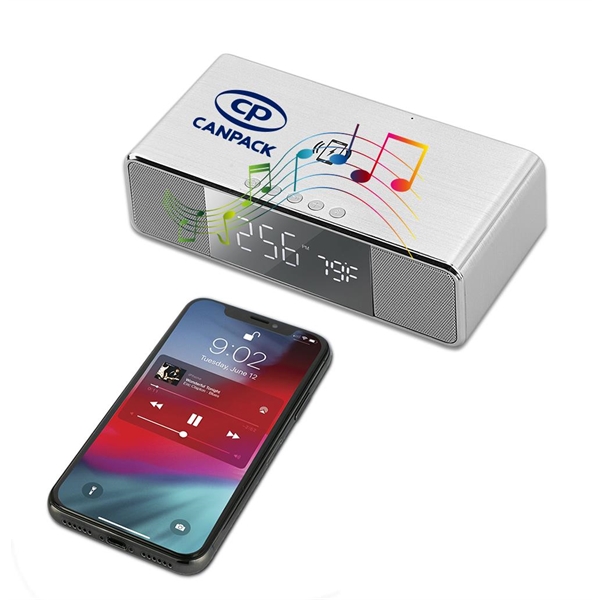 The Encino Bluetooth Speaker and Wireless Charging Desk Clock charges 2... from ASI 90154 Sunjoy Group Inc