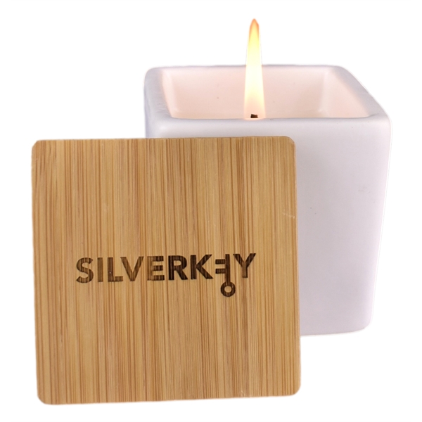 Elegant 3 oz soy candle in square ceramic with bamboo lid... from ASI 72657 Active Life Promo / Apres Ski Ingrain Promo