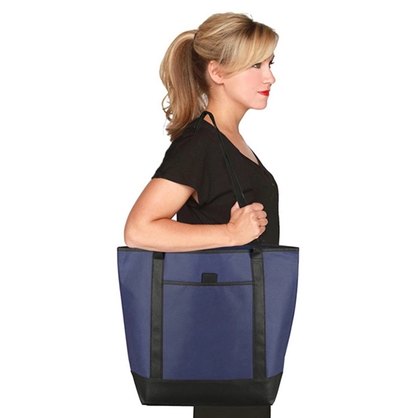 Non-woven tote bag with black accented handles/bottom, large main compartment, outside... from ASI 62660 Innovation Line