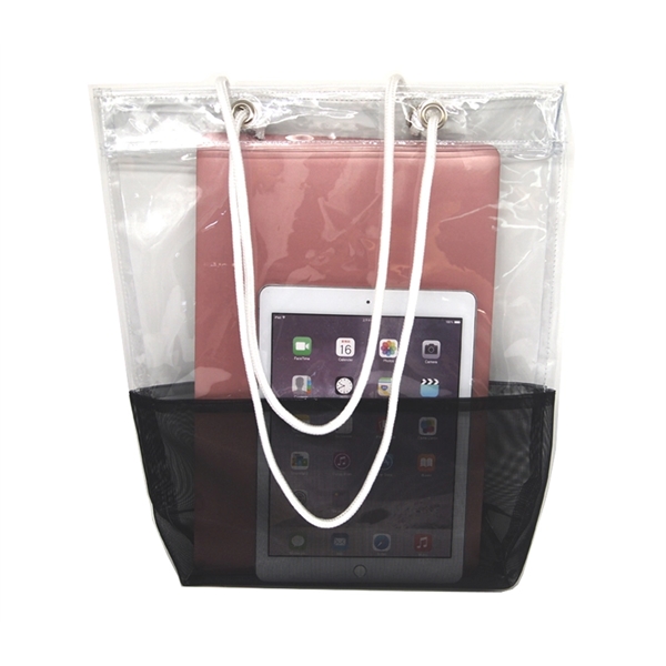 Clear PVC transparent tote bag with black net plus 1c1p silkscreen... from ASI 37218 Athena Promo (tm)