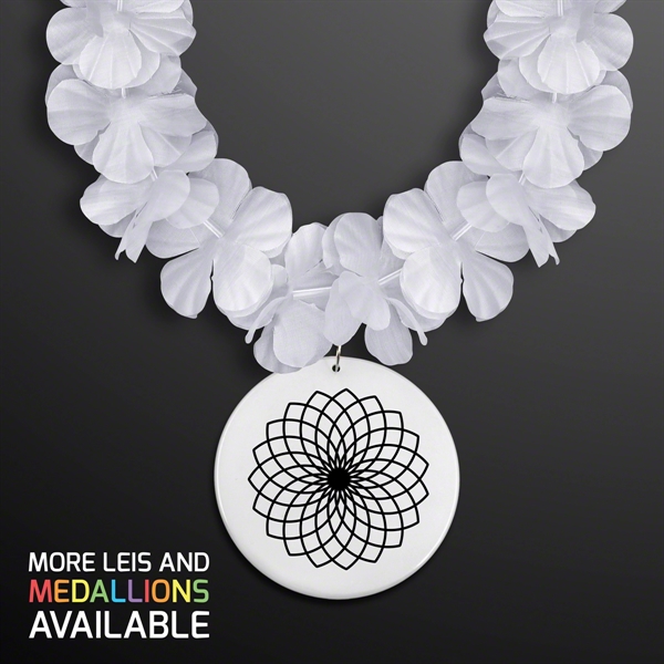 White Flower Lei Necklace With White Medallion (Non-Light Up). Domestic &... from ASI 34194 ALightPromos / Alight Promotional Products