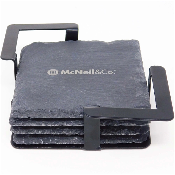 A set of 4 slate coasters in a black metal stand.... from ASI 61966 HPG / Beacon Promotions HPG Gold
