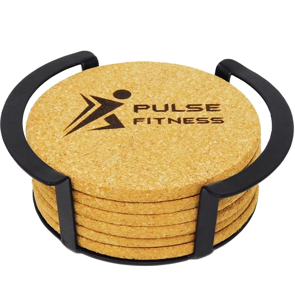 Set of round cork coasters in a black metal stand. Cork... from ASI 61966 HPG / Beacon Promotions HPG Gold