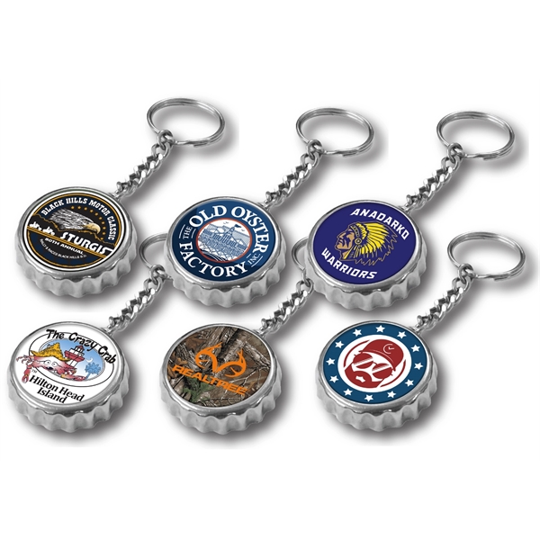 Chrome bottle cap shaped opener with keychain and UV crystal clear... from ASI 63073 Openers.Beer / Openers Plus Hobow Caps and Beverage Tools