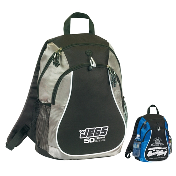 Sports Backpack. Two full zipper compartments, top handle, side mesh pockets.... from ASI 74741 NVS Promo Designs, Inc.