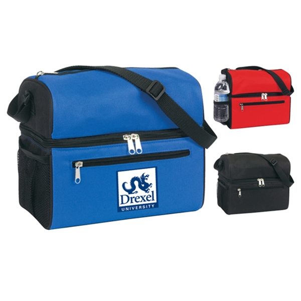 Dual duty lunch cooler. Insulated, two insulated compartments, front zipper pocket,... from ASI 74741 NVS Promo Designs, Inc.