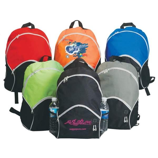 Backpack with 2 mesh side pockets, added straps, large front zipper... from ASI 74741 NVS Promo Designs, Inc.