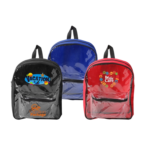 Clear PVC Backpack. Security backpack, large front zipper pocket, padded straps,... from ASI 74741 NVS Promo Designs, Inc.