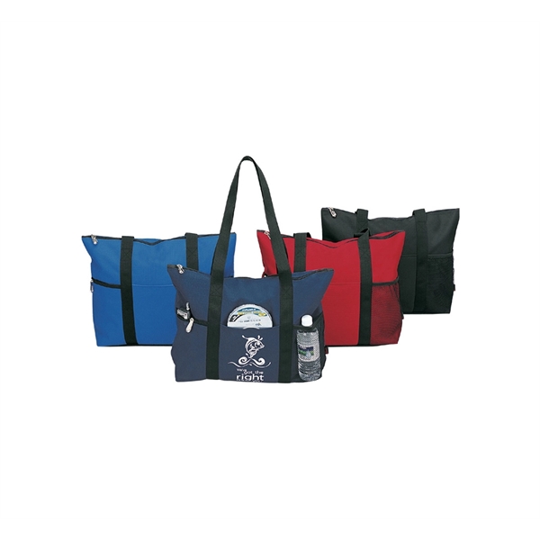 Deluxe Zipper Travel Tote. Zipper pocket, open front pocket and mesh... from ASI 74741 NVS Promo Designs, Inc.