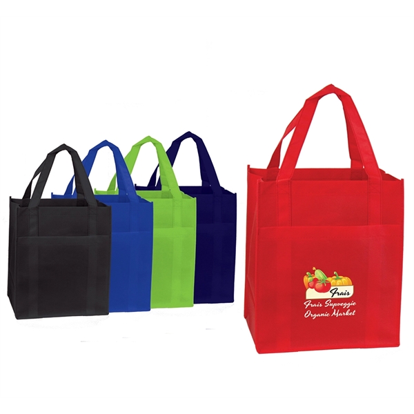 Non Woven Pocket Shopper Tote. Large front pocket; Large capacity; Black... from ASI 74741 NVS Promo Designs, Inc.