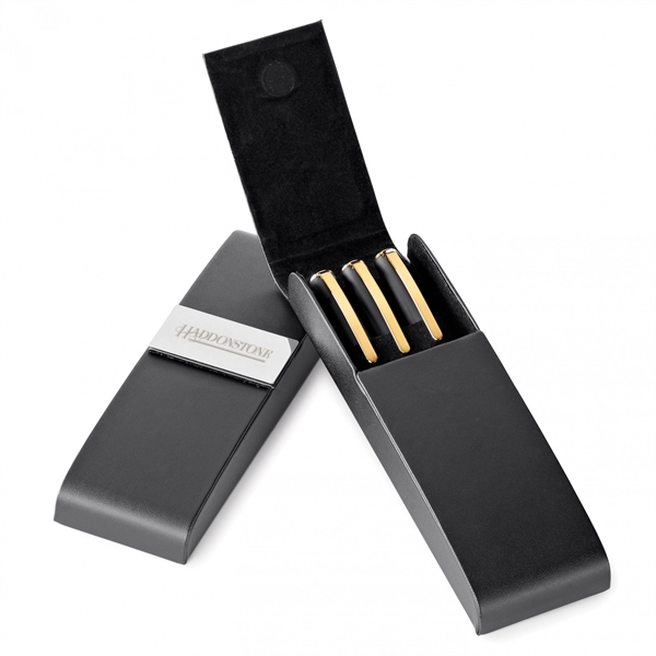 Black vinyl pen case with chrome plate. Fits up to three... from ASI 88660 Spector & Co.