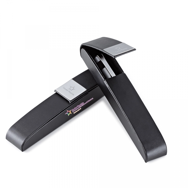 Black vinyl pen case with chrome plate. Fits one pen, pencil... from ASI 88660 Spector & Co.