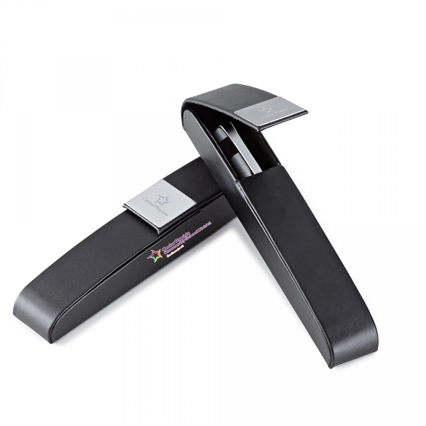 Black vinyl pen case with chrome plate. Fits one pen, pencil... from ASI 88660 Spector & Co.