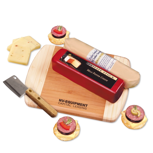 Shelf-stable cheese and sausage gift set on imprinted cutting board.... from ASI 68680 Maple Ridge Farms Inc