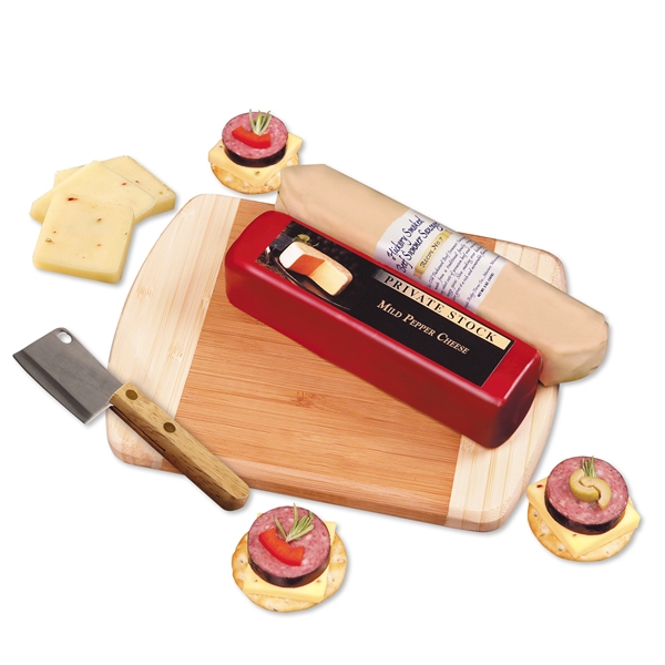 Shelf-stable cheese and sausage gift set on imprinted cutting board.... from ASI 68680 Maple Ridge Farms Inc