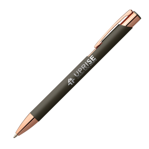Metal ballpoint pen with soft-touch barrel, gold rose accents and pocket... from ASI 62088 IDProductsource