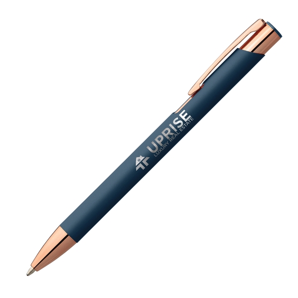 Metal ballpoint pen with soft-touch barrel, gold rose accents and pocket... from ASI 62088 IDProductsource
