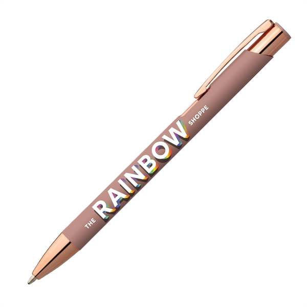 Metal ballpoint pen with soft-touch barrel, gold rose accents and pocket... from ASI 62088 IDProductsource