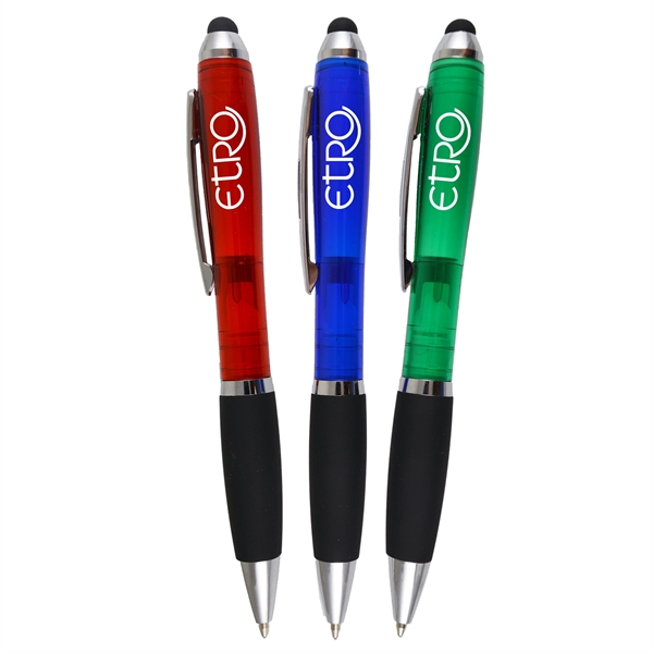 Twist-action ballpoint pen with translucent barrel, black rubber grip, device stylus... from ASI 57956 Graphco line