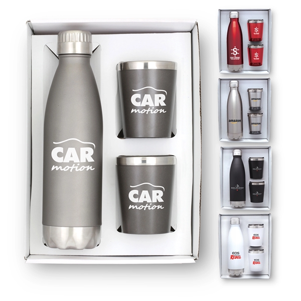 Double-wall 18/8 steel water bottle with two cocktail tumblers in a... from ASI 46755 Cosmo Promos