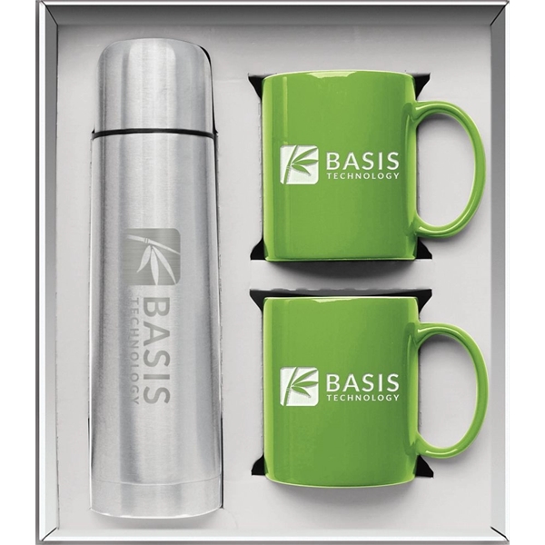 Gift set with a 1/2 liter stainless steel vacuum-insulated beverage carrier... from ASI 71920 Moderne Glass Company Inc / Glass America®