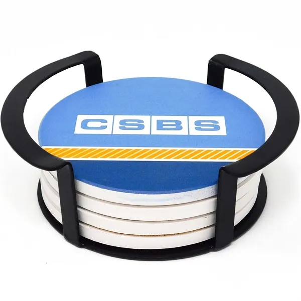 Round ceramic coasters in a metal stand with a nonslip cork... from ASI 61966 HPG / Beacon Promotions HPG Gold