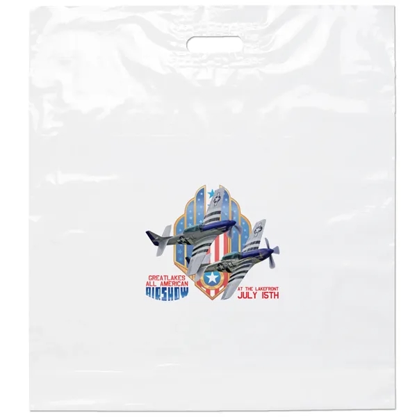 Low-density plastic bags with reinforced die cut handles.... from ASI 37940 Bag Makers Inc