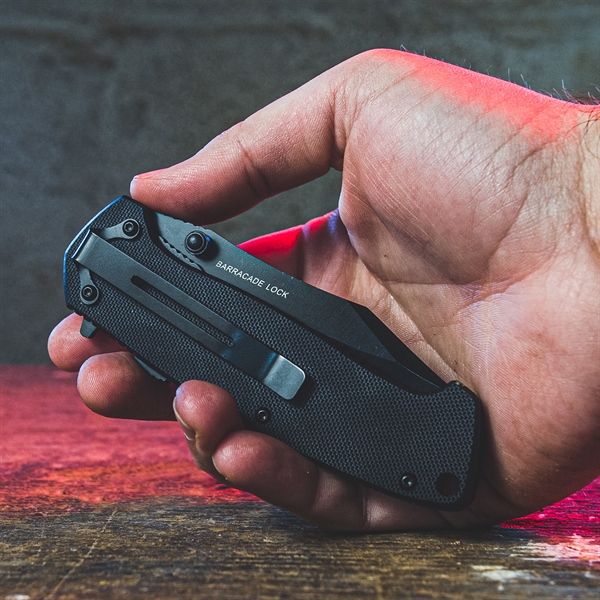 This large pocket knife features a sleek all-black look and an... from ASI 46170 Compass Industries Inc