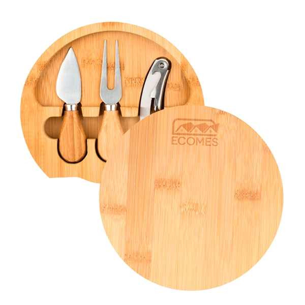7" Gorgonzola bamboo wood cheese board with knife, fork, bottle opener... from ASI 62088 IDProductsource