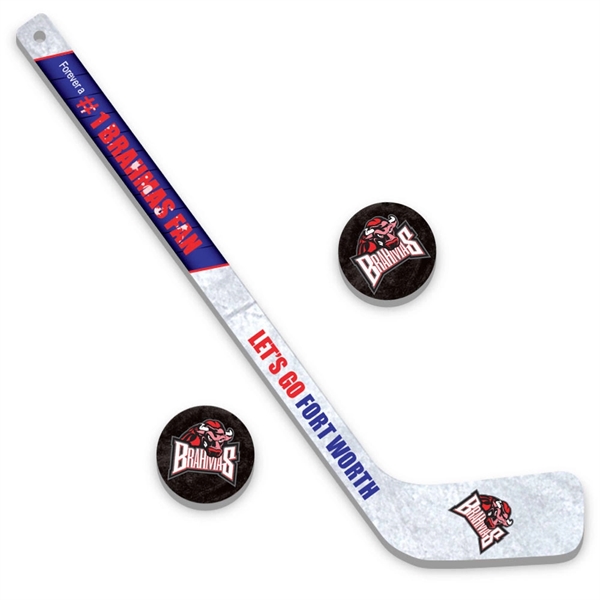 23" long miniature hockey stick and two 3" diameter hockey pucks... from ASI 68207 MAC Specialties Ltd / Sport Products